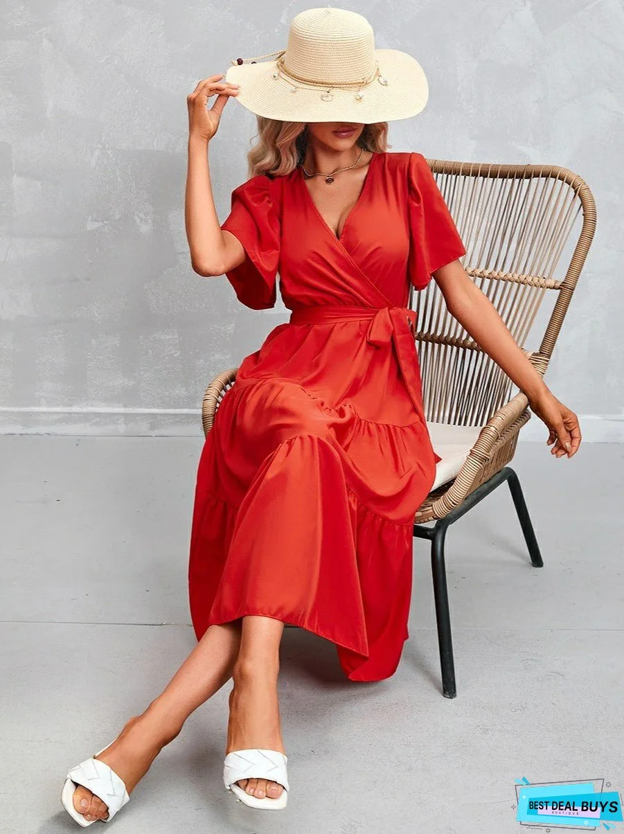 Solid Color Belted Short Sleeves Dress