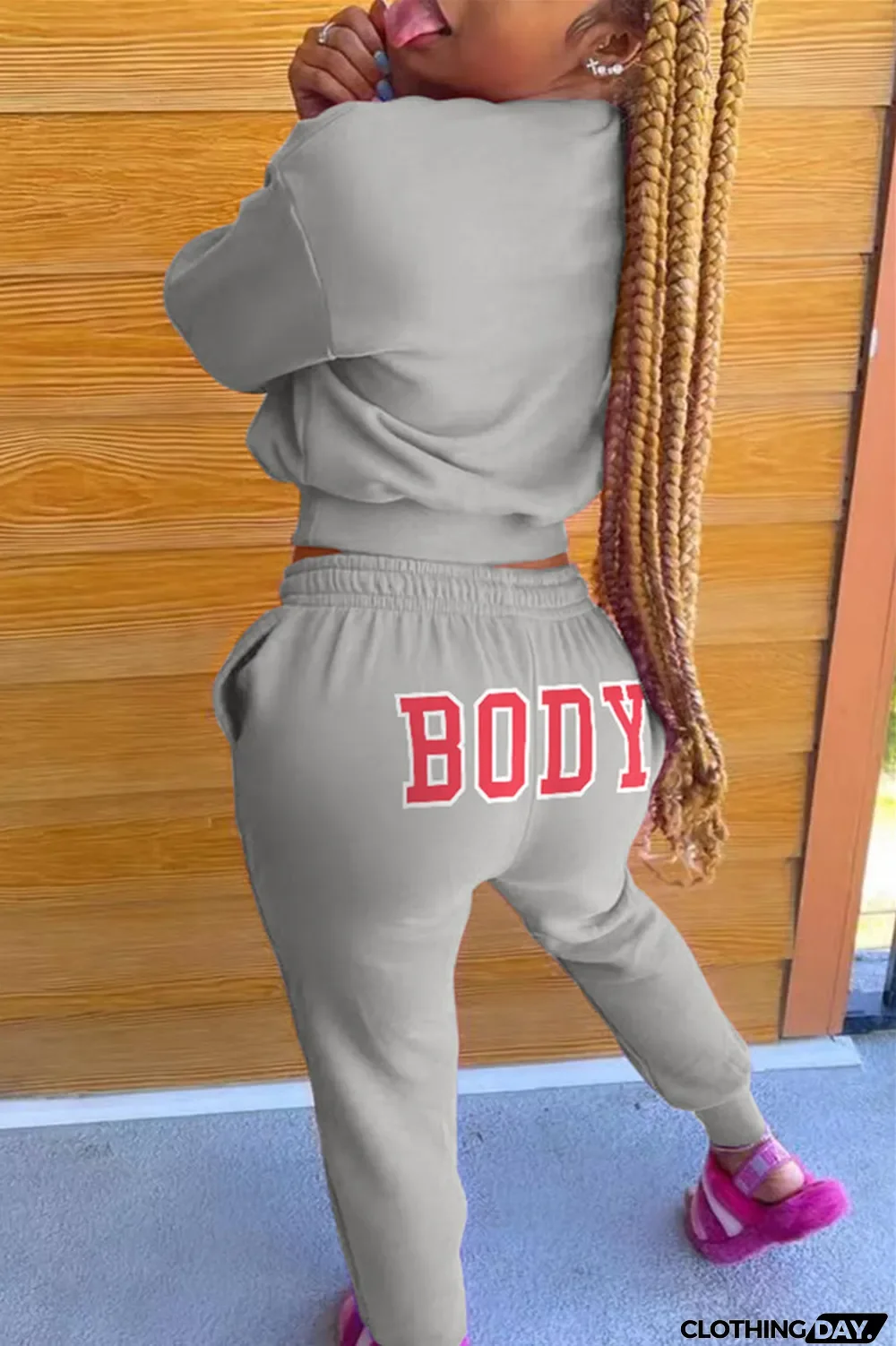 Pink Fashion Casual Letter Print Basic O Neck Long Sleeve Two Pieces