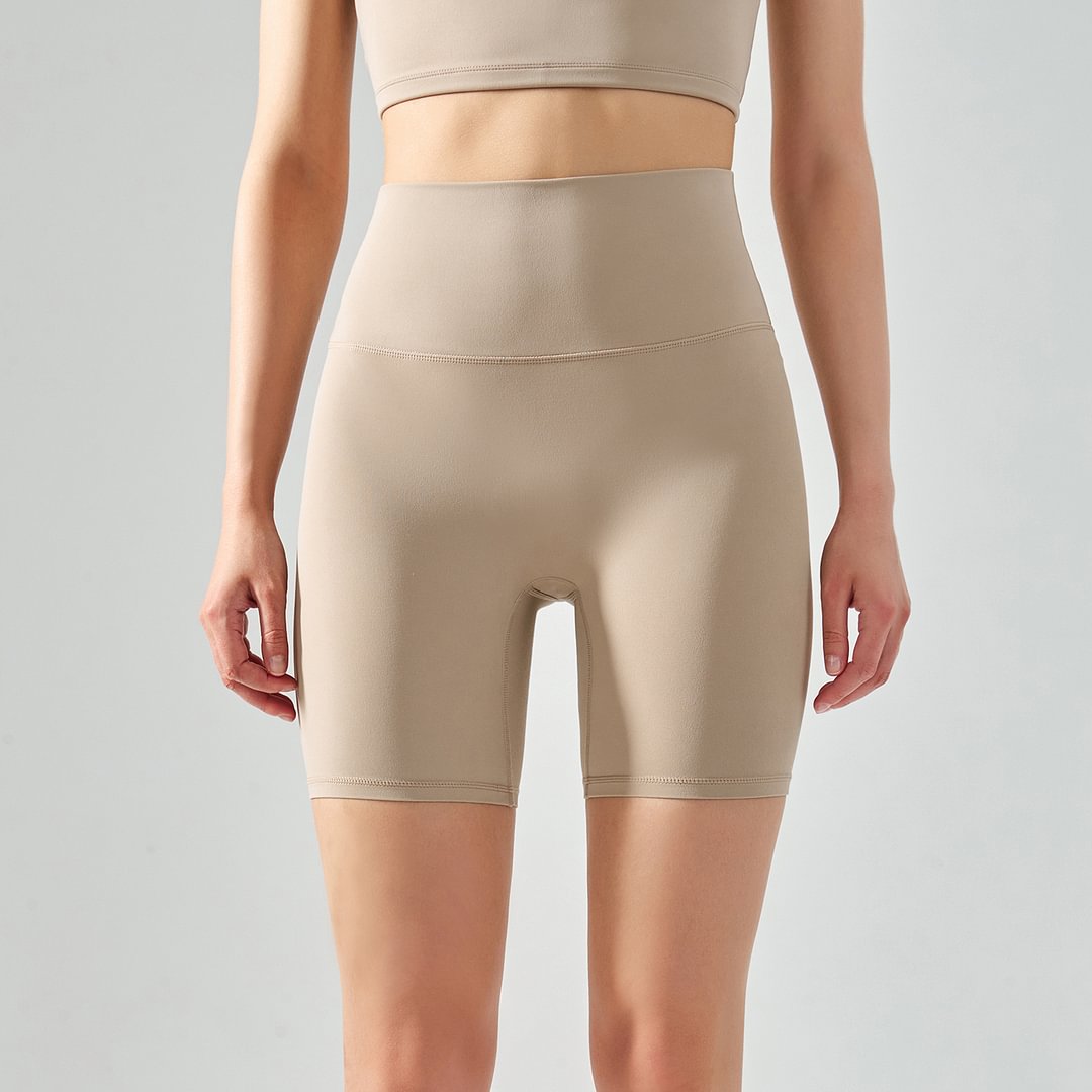 Hergymclothing Khaki high waist no t line soft lightweight recycled nylon yoga shorts for sale