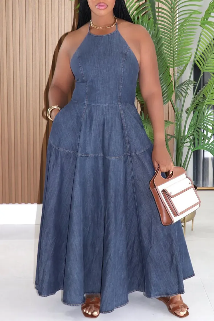 Plus Size Vacation Blue Halter Collar Pocket Denim Maxi Dresses [Pre-Order] 2024 - Xpluswear