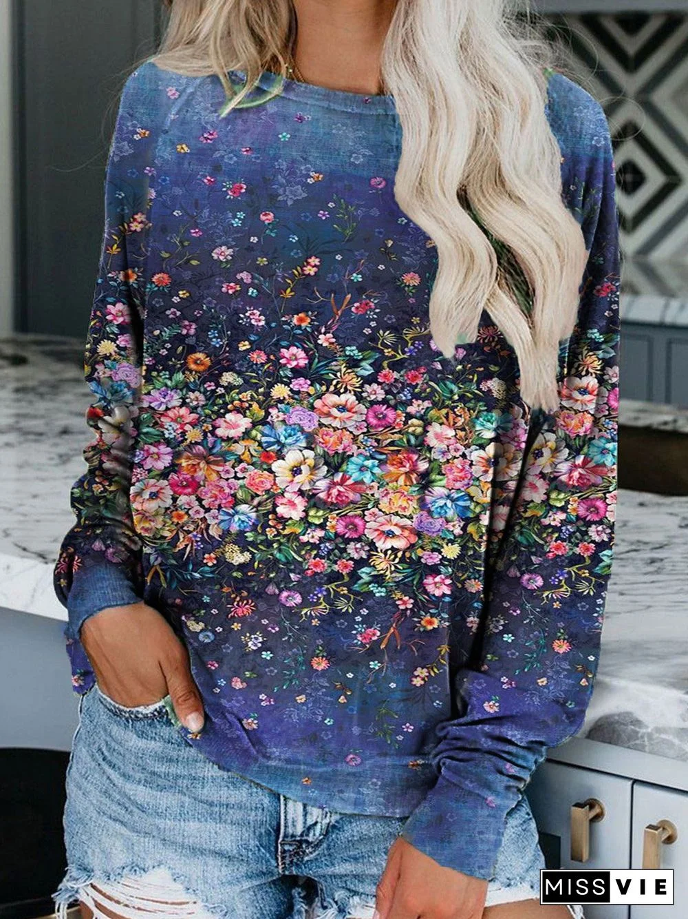 Floral Long Sleeve Floral-Print Casual Sweatshirts