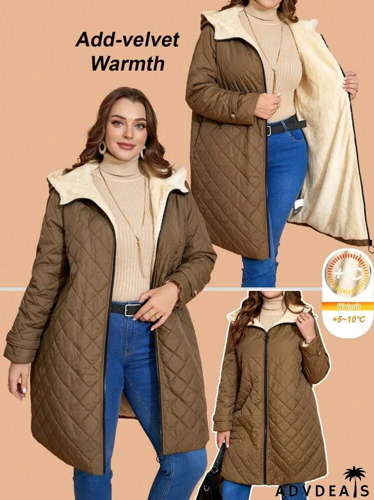 Plus Size Women`S Long Sleeve Zip-Up Hooded Padded Coat