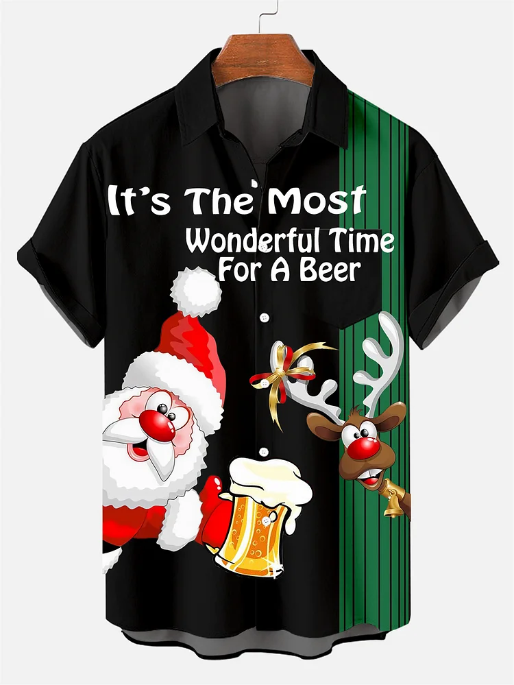 Men's Classic Christmas Character and Beer Print Shirt PLUSCLOTHESMAN