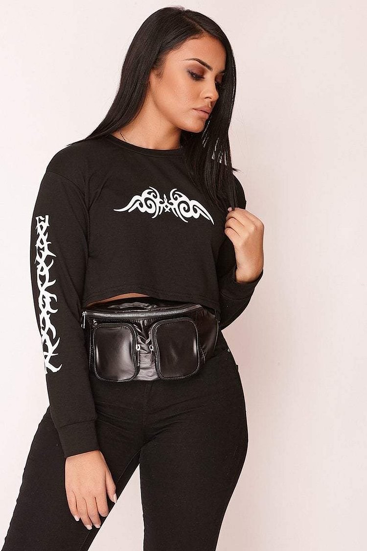 Black Graphic Print Cropped Sweater Katch Me