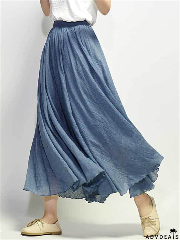 Women's Elastic Waist Pleated Maxi Linen Skirts