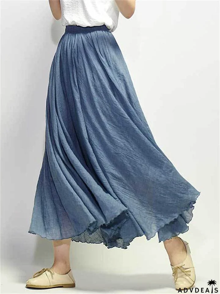 Women's Elastic Waist Pleated Maxi Linen Skirts