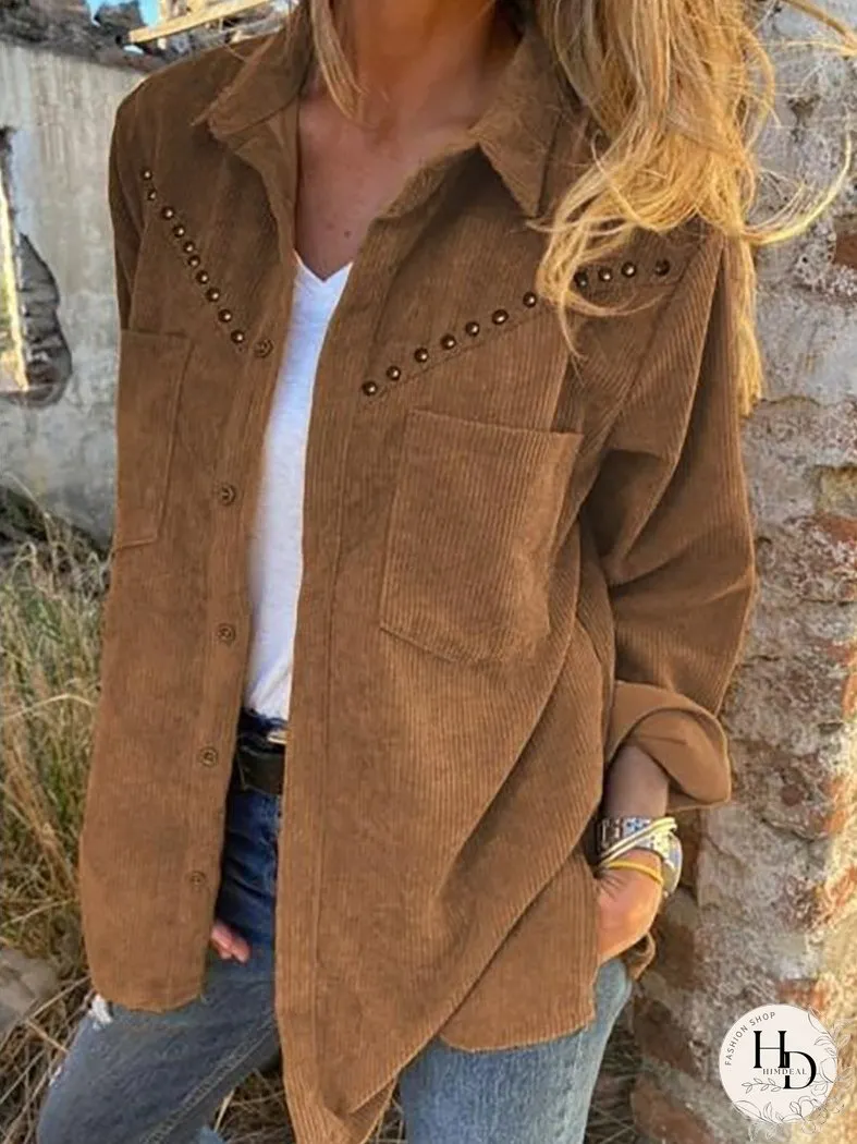 Blouses Corduroy Rivet Long Sleeve Button Pocket Blouse for Women