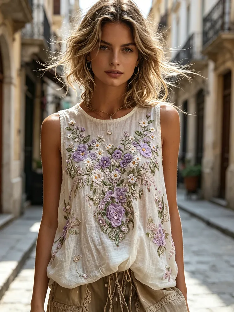 🌸 Women's Purple Floral Embroidered Sleeveless Boho Top