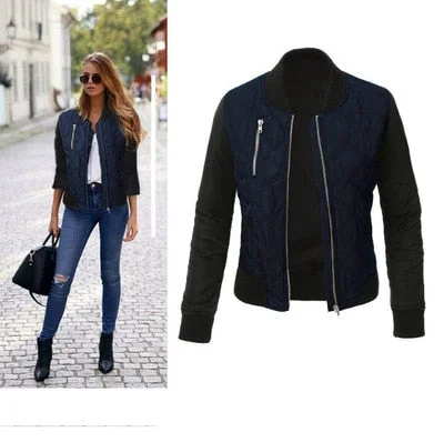 Autumn Winter Leisure Fashion Solid Women Jacket O-neck Zipper Stitching Quilted Bomber jacket 2019 New Women Coats