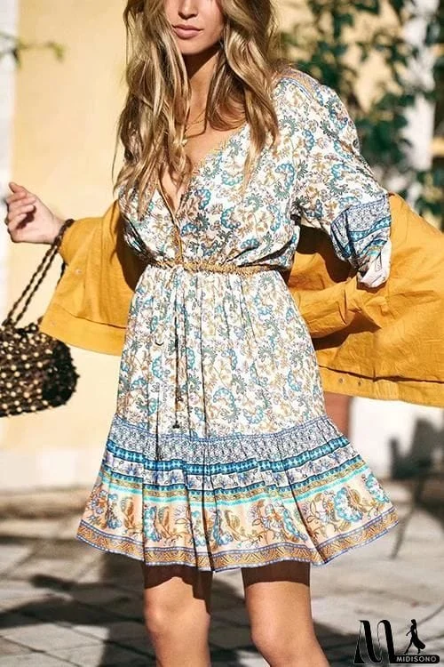 MidiSono - Floral Print Drawstring Mini Dress