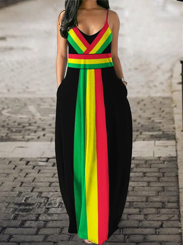 Black Pride Rasta Stripe V Neck Casual Maxi Dress
