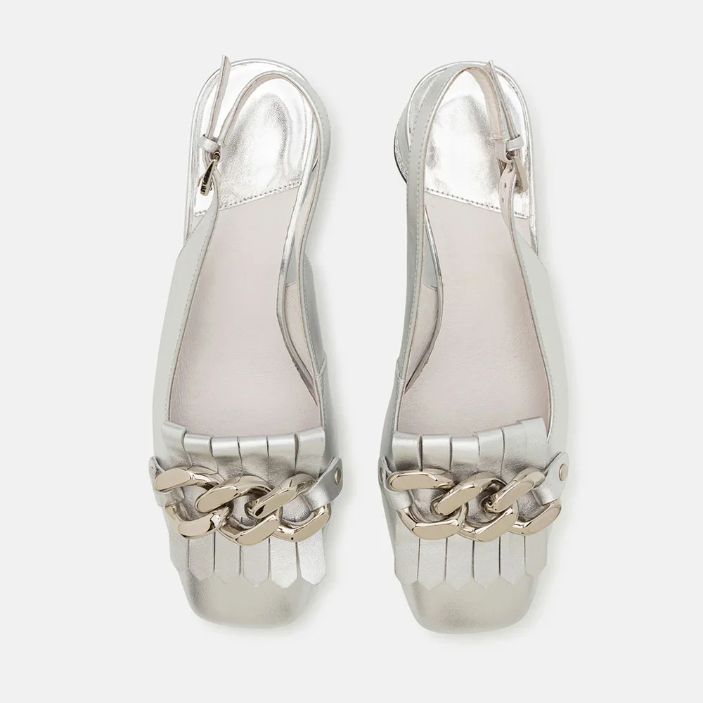 Silver Square Toe Chain Fringe Slingback Pumps with Rhinestone