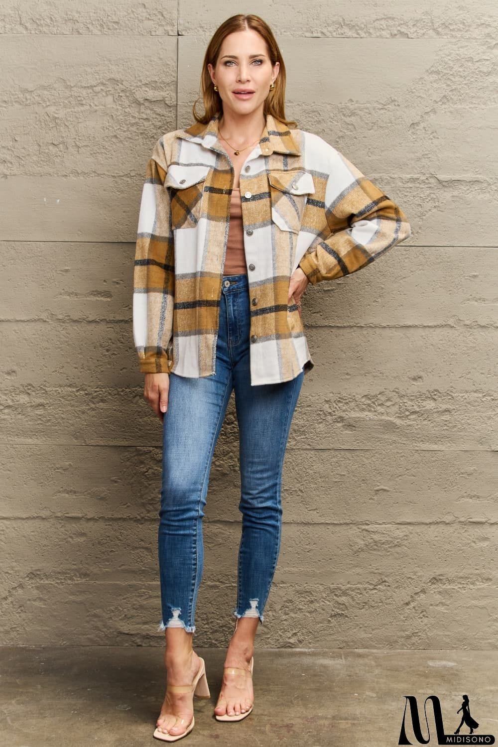 MidiSono - Plaid Dropped Shoulder Shirt Jacket