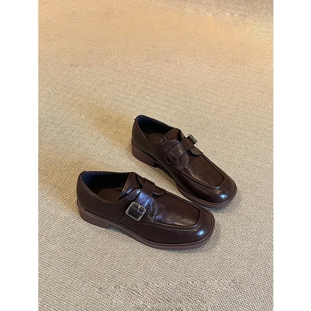Breakj Breakj Belt Buckle Small Leather Shoes Women 2025 Coarse College Style Happy Shoes Lazy Single Shoes