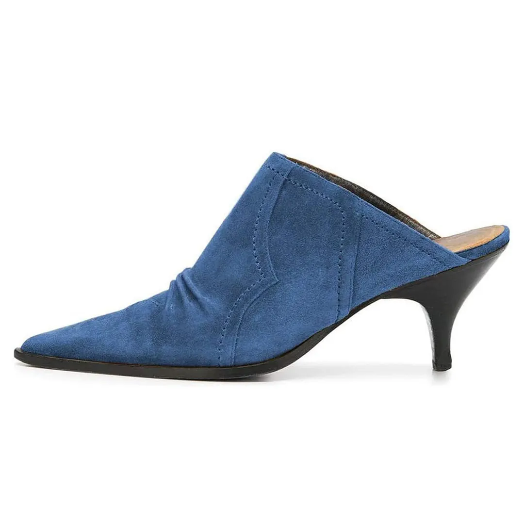 YDN Women's Blue Vegan Suede Pointed Toe Slip-On Mule Heels