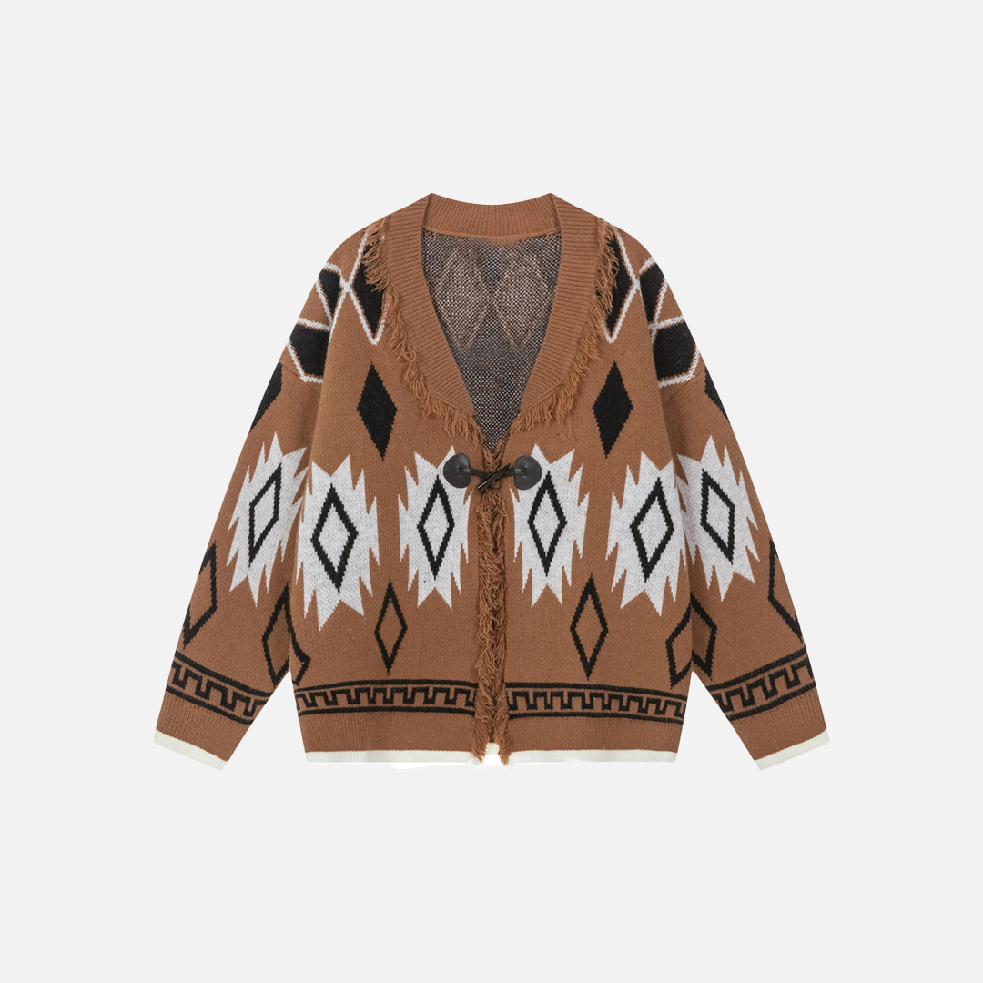 Fashionable V-Neck Jacquard Tassel Cardigan