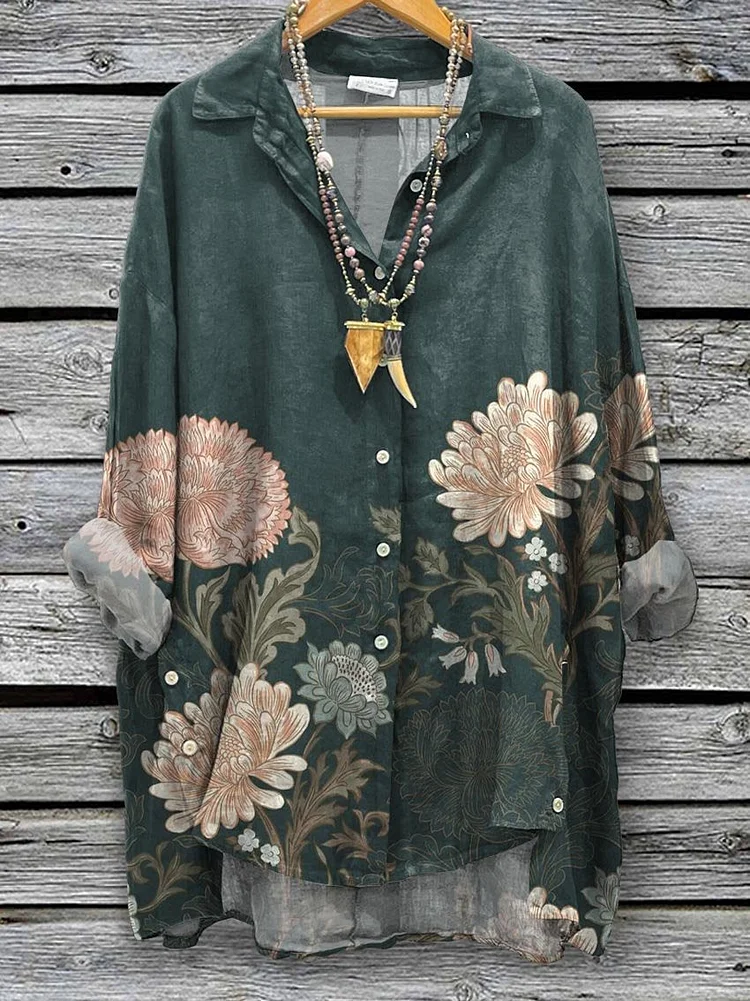 Women's Classic Flowers Spring Print Casual Cotton And Linen Shirt