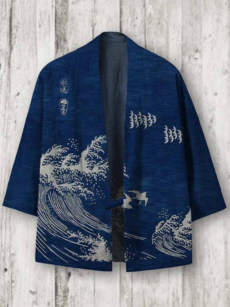 Comstylish Japanese Ocean Art Pattern Linen Blend Kimono Cardigan