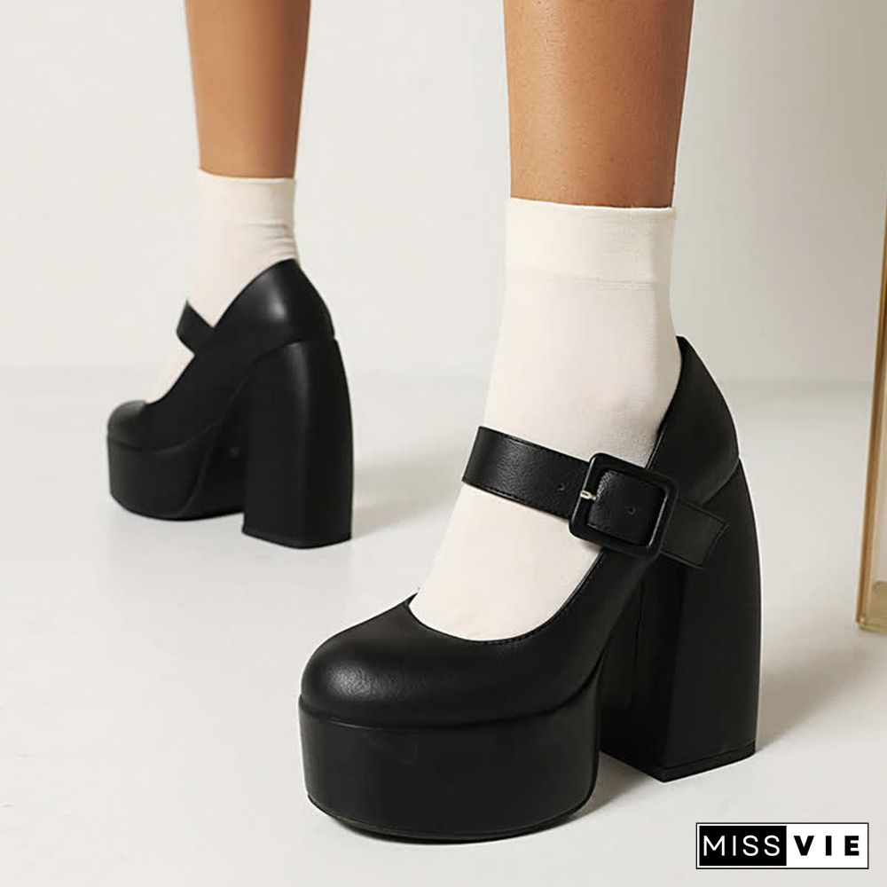 Pure Color Chunk High Heel Mary Janes Shoes