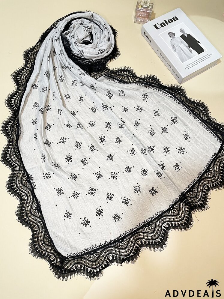 Lace Trim Floral Print Scarf
