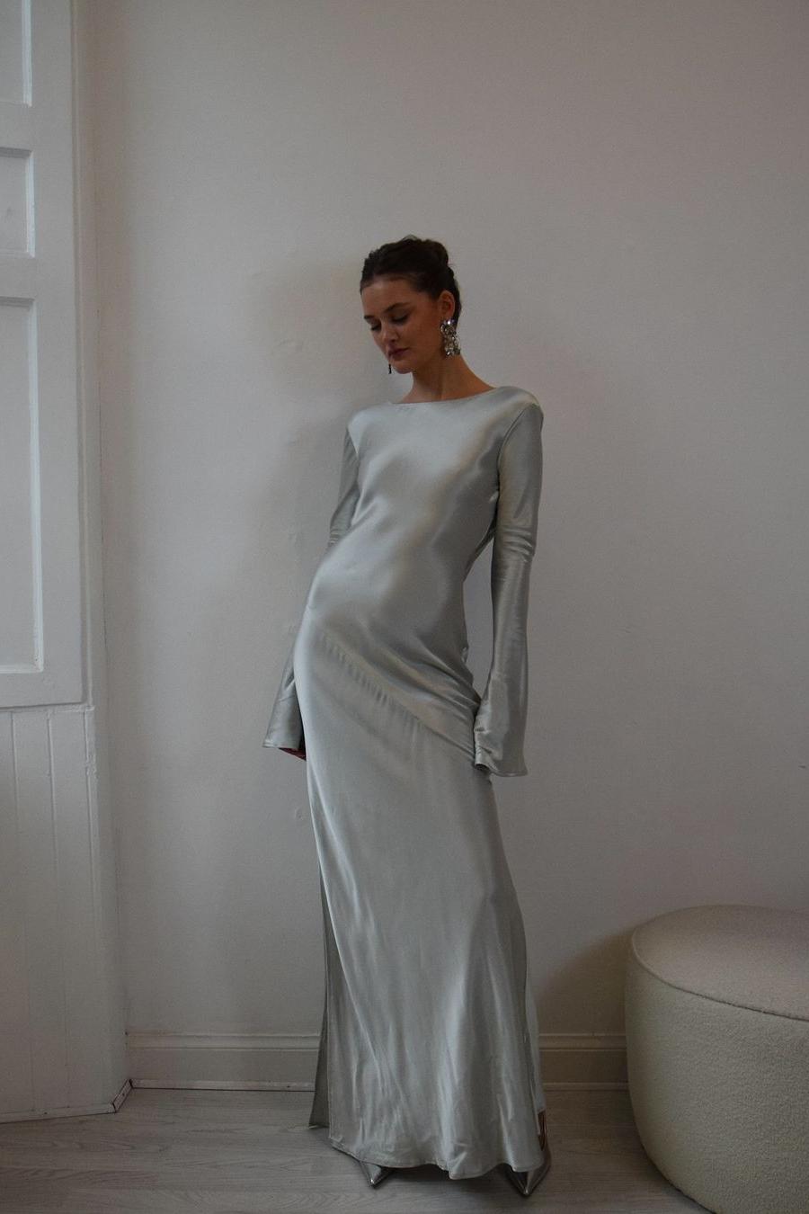 Daisda Simple Dark Green Satin Jewel Neck Long Sleeves Backless Long Prom Dress with Split