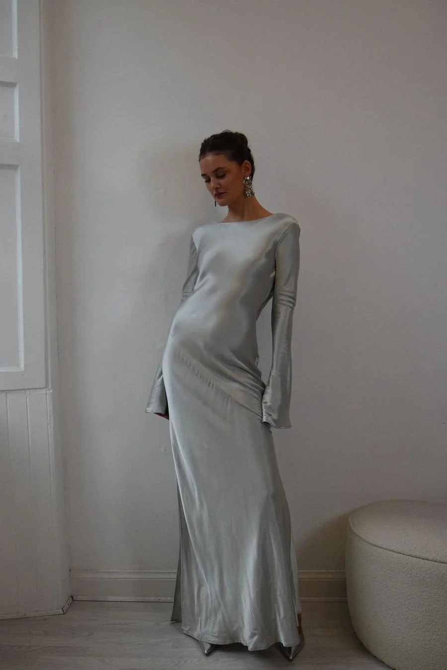 Daisda Simple Dark Green Satin Jewel Neck Long Sleeves Backless Long Prom Dress with Split