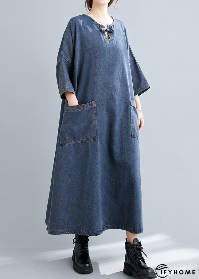 Plus Size Blue O Neck Pockets Patchwork Denim Long Dresses Fall | IFYHOME