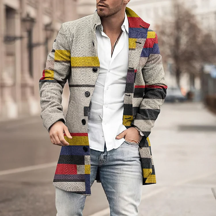 BrosWear Lapel Simple Striped Colorblock Wool Coat