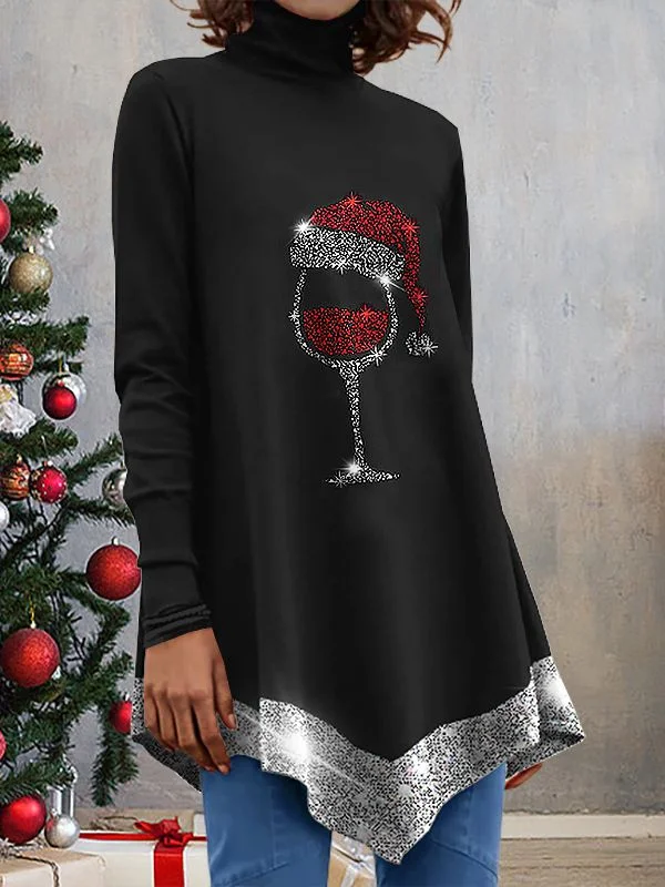 Women Casual Winter Christmas Micro-Elasticity Daily Long sleeve Cotton-Blend Mid-long Regular Tops