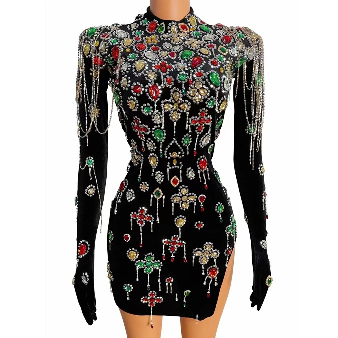 VCSHOES Women Sparkly Crystals Dress Evening Party Dresses With Gloves Birthday Celebrate Dress Singer Performance Dance Dress