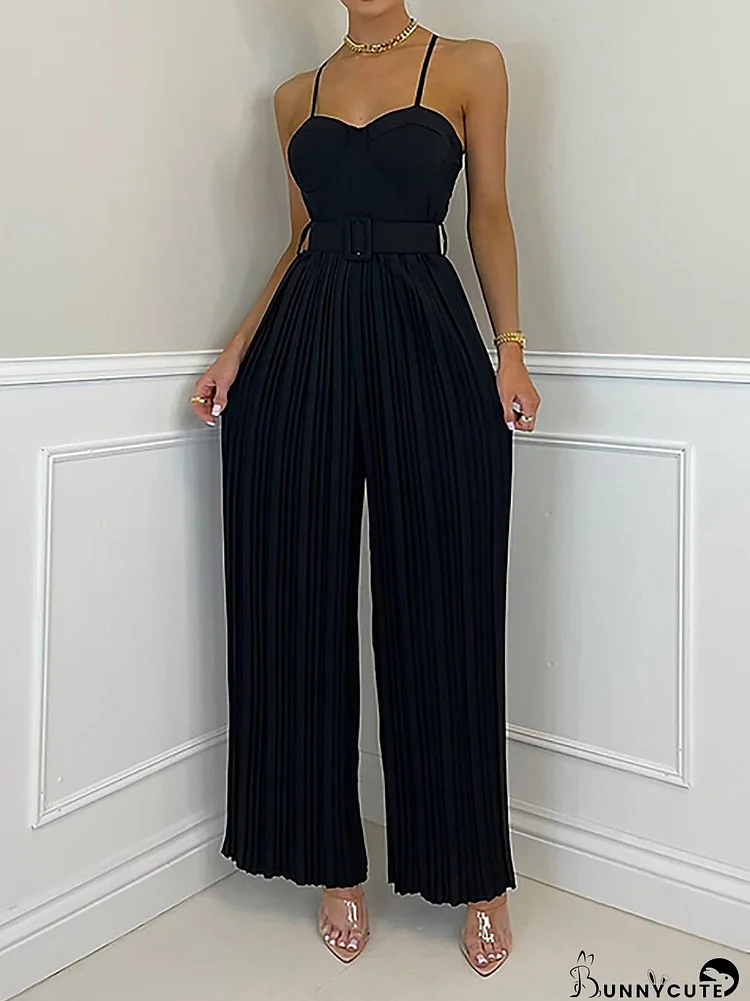 Jumpsuits Solid Sling Belt Pleated Wide-Leg Jumpsuit for Women