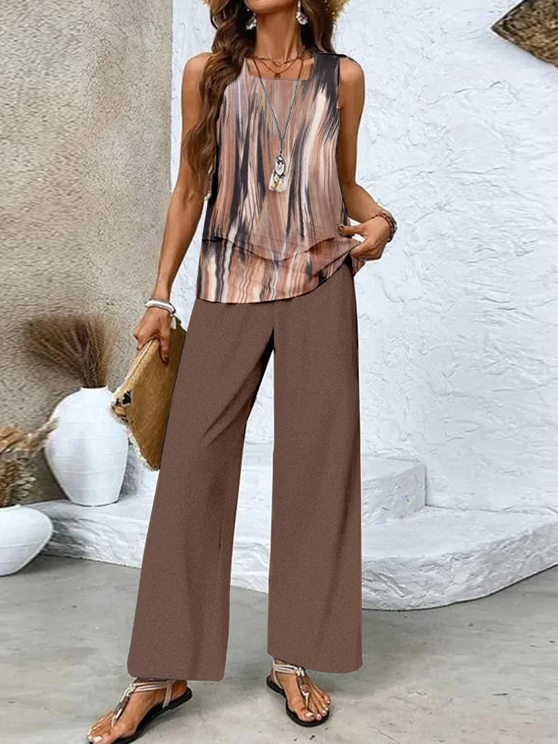 Women's Sleeveless Square Collar Graphic Printed Casual Set