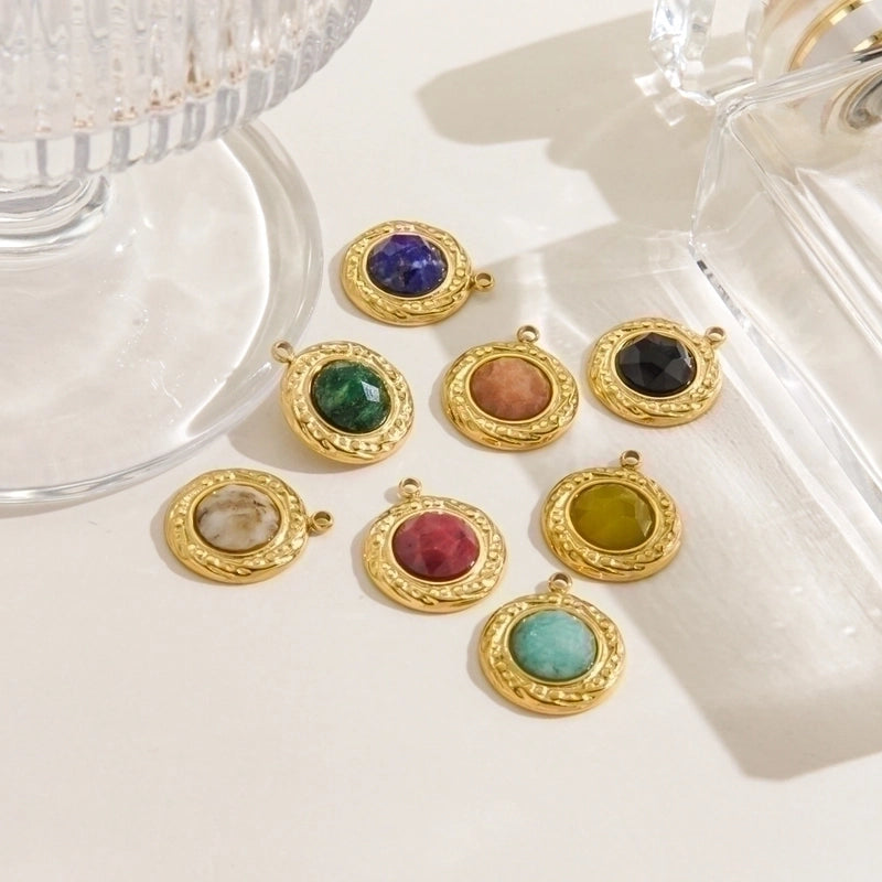 10 Pieces 304 Stainless Steel Natural Stone Natural Stone 14K Gold Plated Round Jewelry Accessories Pendant