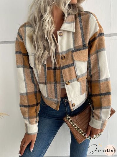Plaid Button Up Drop Shoulder Cropped Jacket