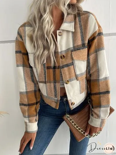 Plaid Button Up Drop Shoulder Cropped Jacket