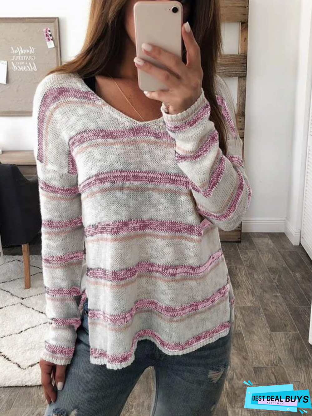 V Neck Casual Striped Sweater