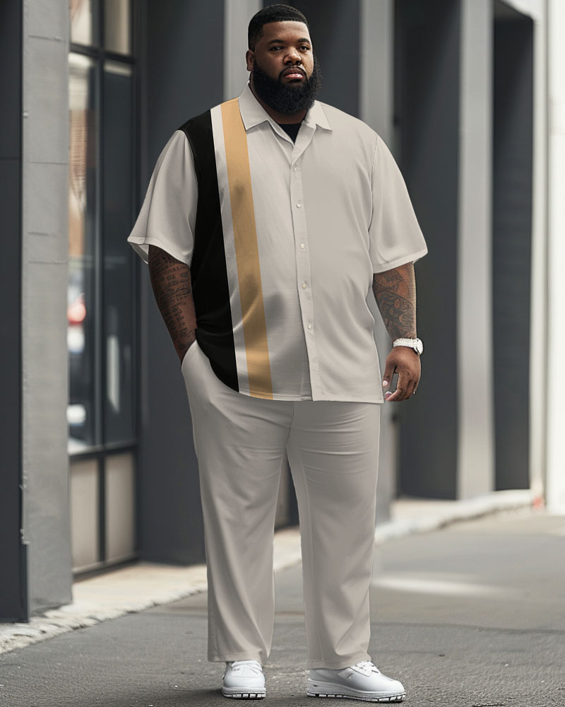Men's Plus Size Business Simple Color Matching Striped Printed Short Sleeve Shirt Suit