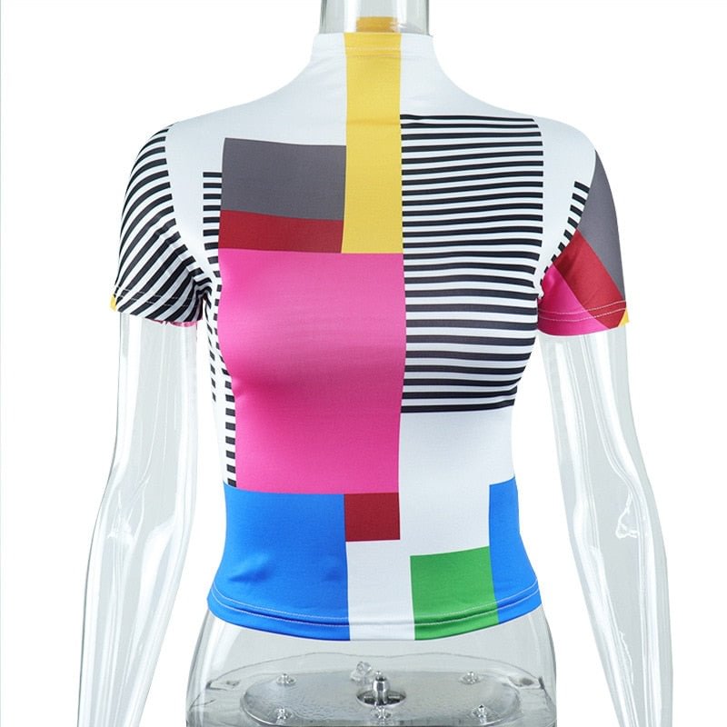 Dulzura Colorblock Patchwork Print Women High Neck Short Sleeve T Shirt Crop Top Sexy Streetwear Club 2022 Summer Y2K Clothes