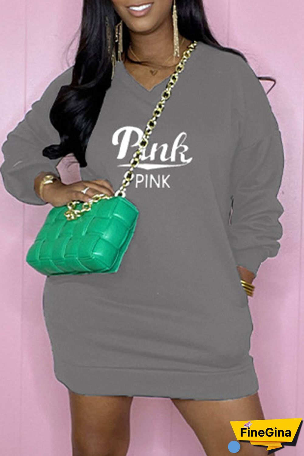 Blue Casual Letter Print Patchwork V Neck Long Sleeve Dresses