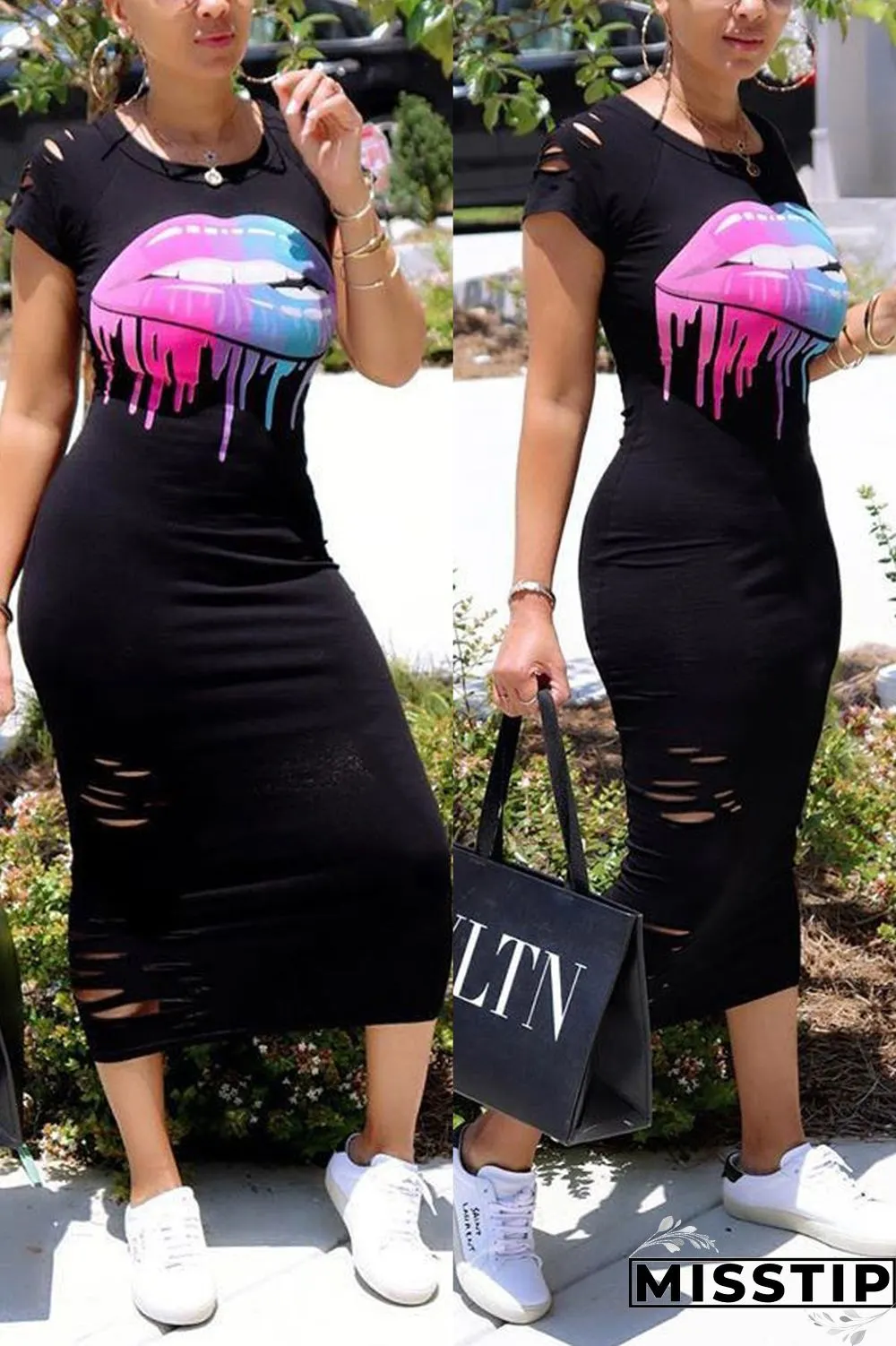 Yellow Fashion Casual Regular Sleeve Short Sleeve O Neck Printed Dress Mid Calf Lips Printed Dresses