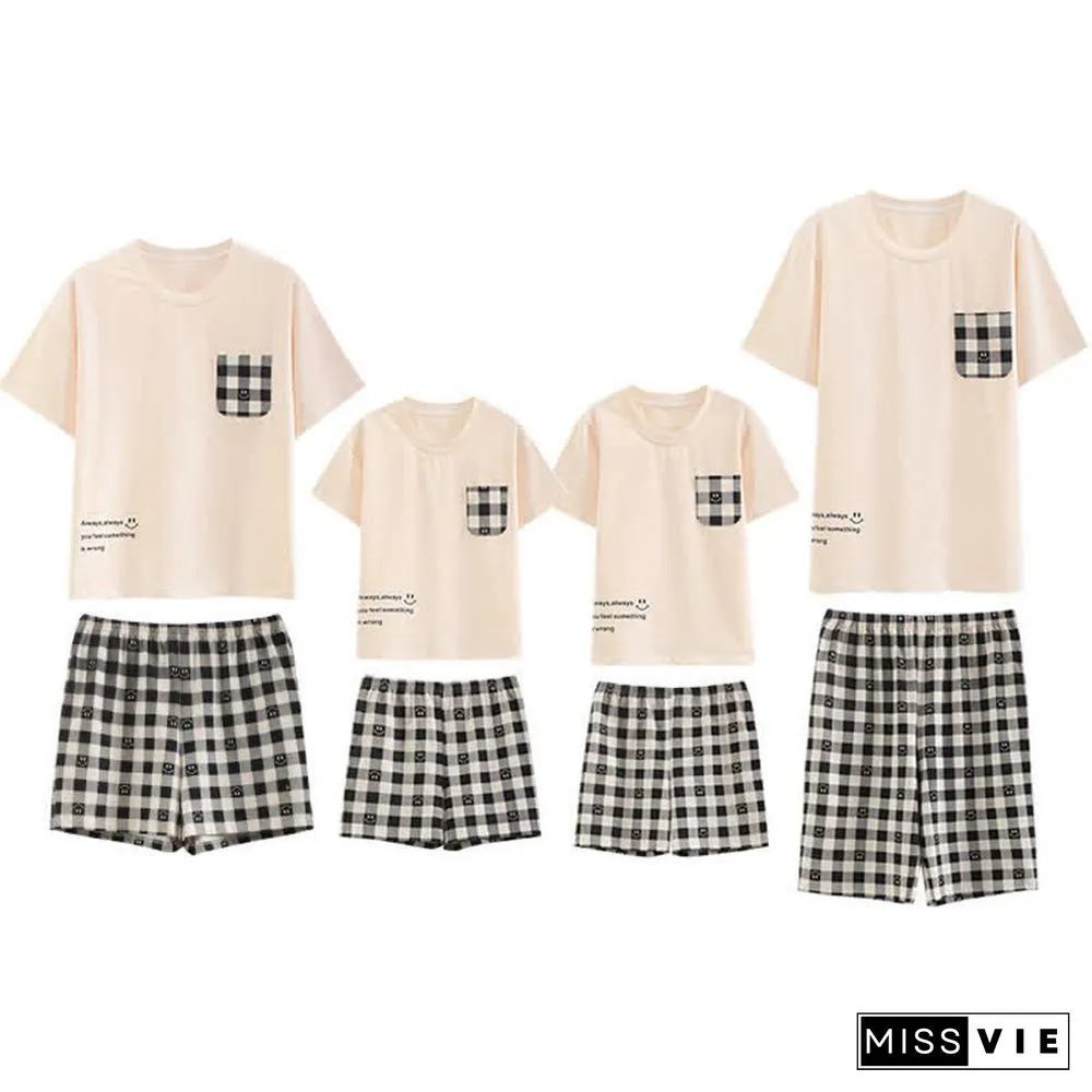 Smiling Face Lattice Summer Cotton Family Pajamas Matching Sets