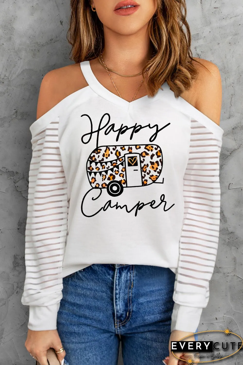 White Happy Camper Cold Shoulder Striped Sleeve Top