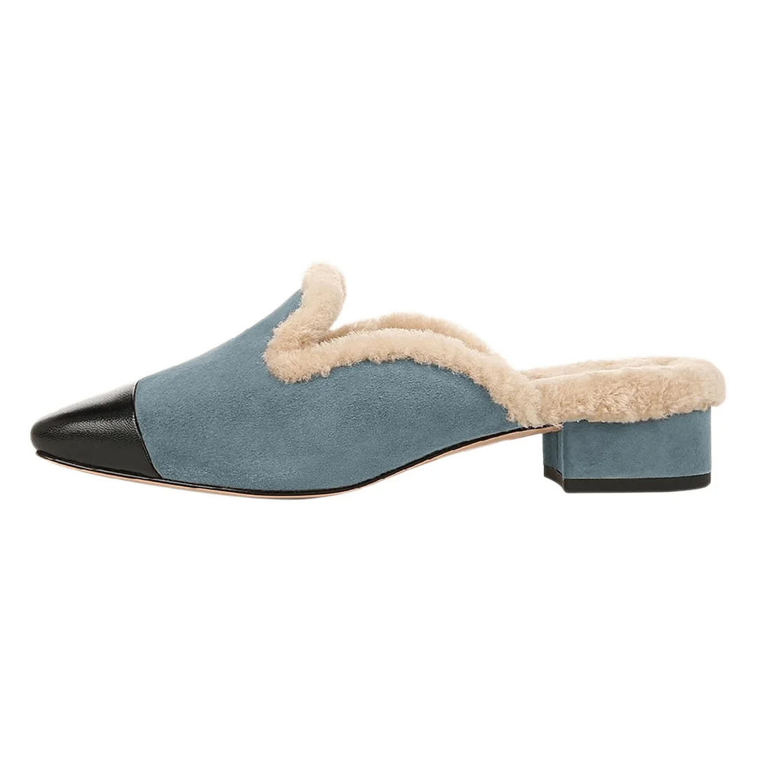 Warm Vegan Suede Cap-Toe Chunky Heel Fur Trim Mules Shoes in Blue