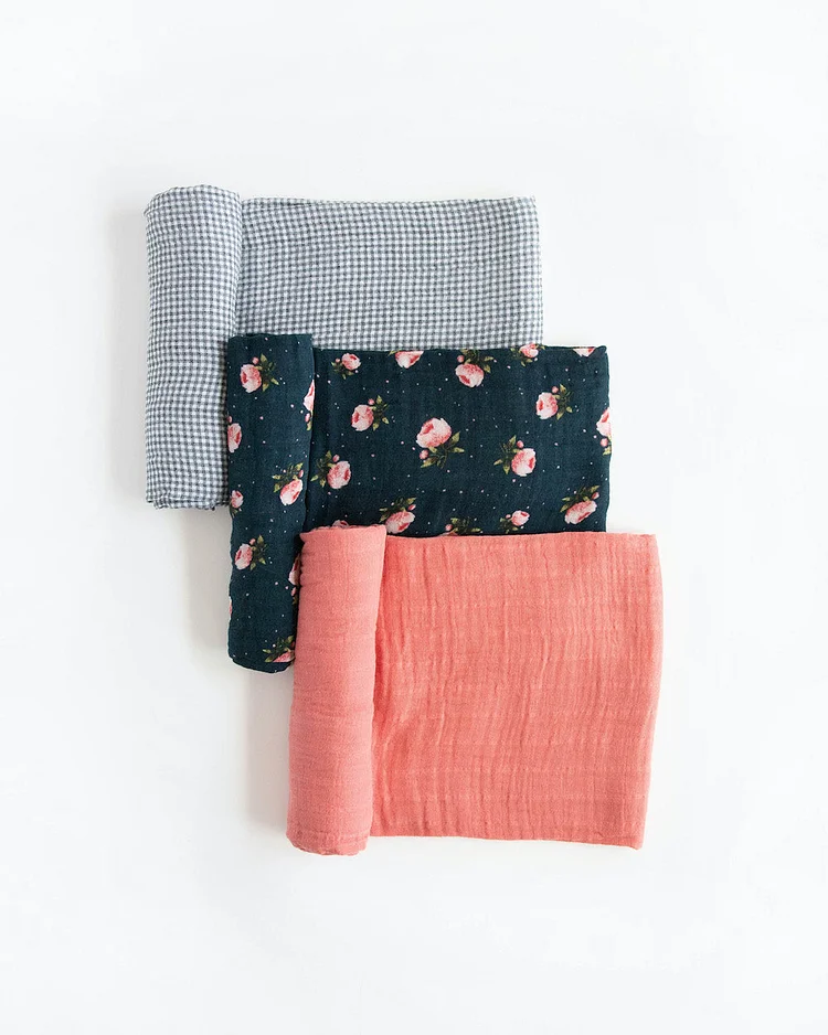 Cotton Muslin Swaddle Blanket 3 Pack - Midnight Rose