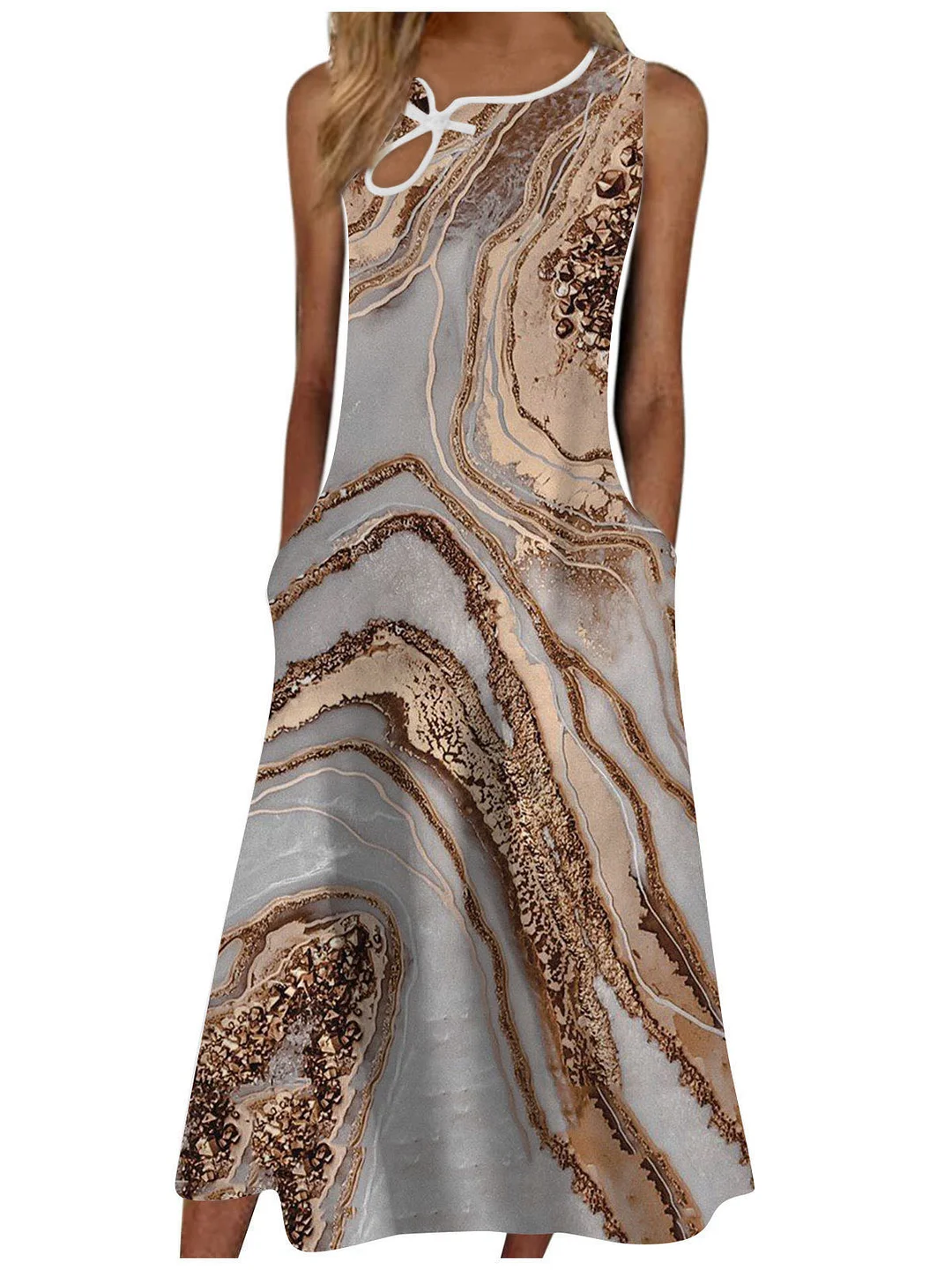 Women's Sleeveless Scoop Neck Gradient Printed Casual Pocket Dress
