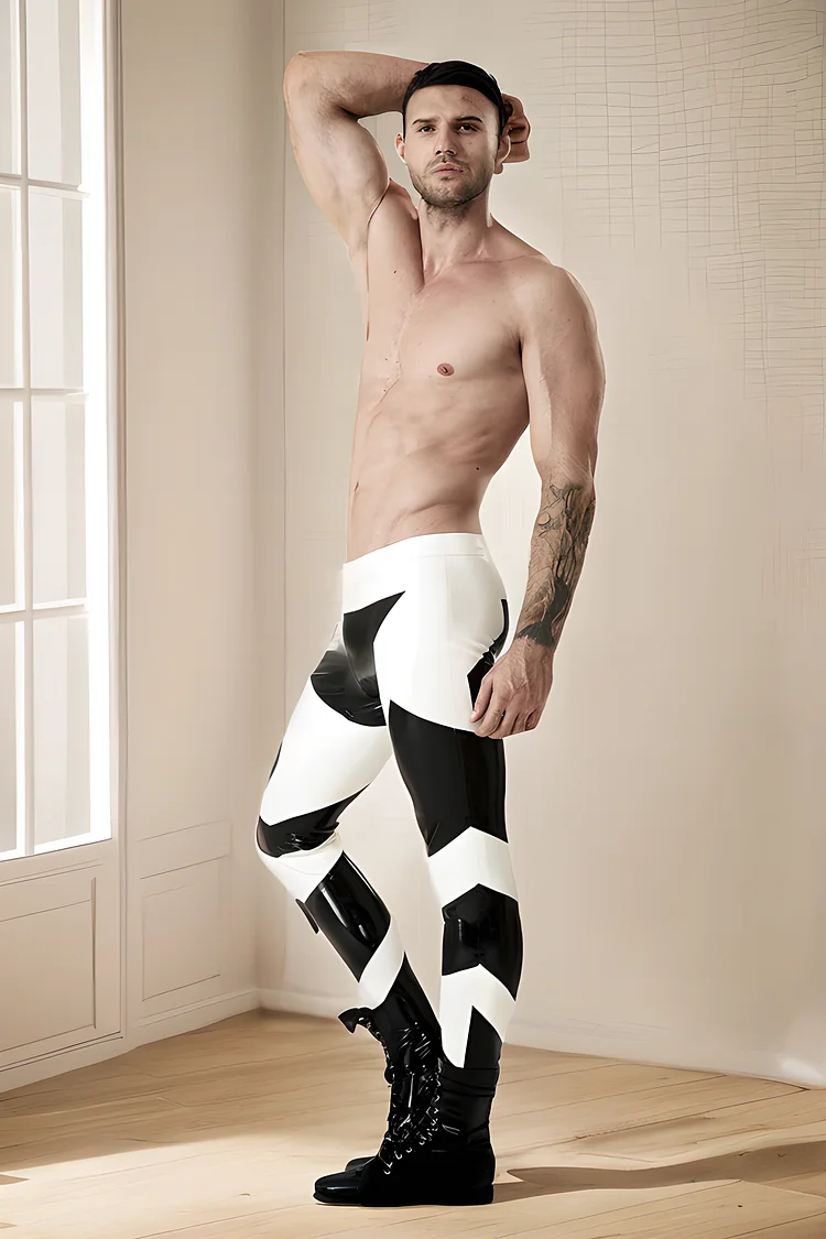 Men's Latex Leggings Male Low-Waisted Two-Colour Black Leggings Cow Print Pants