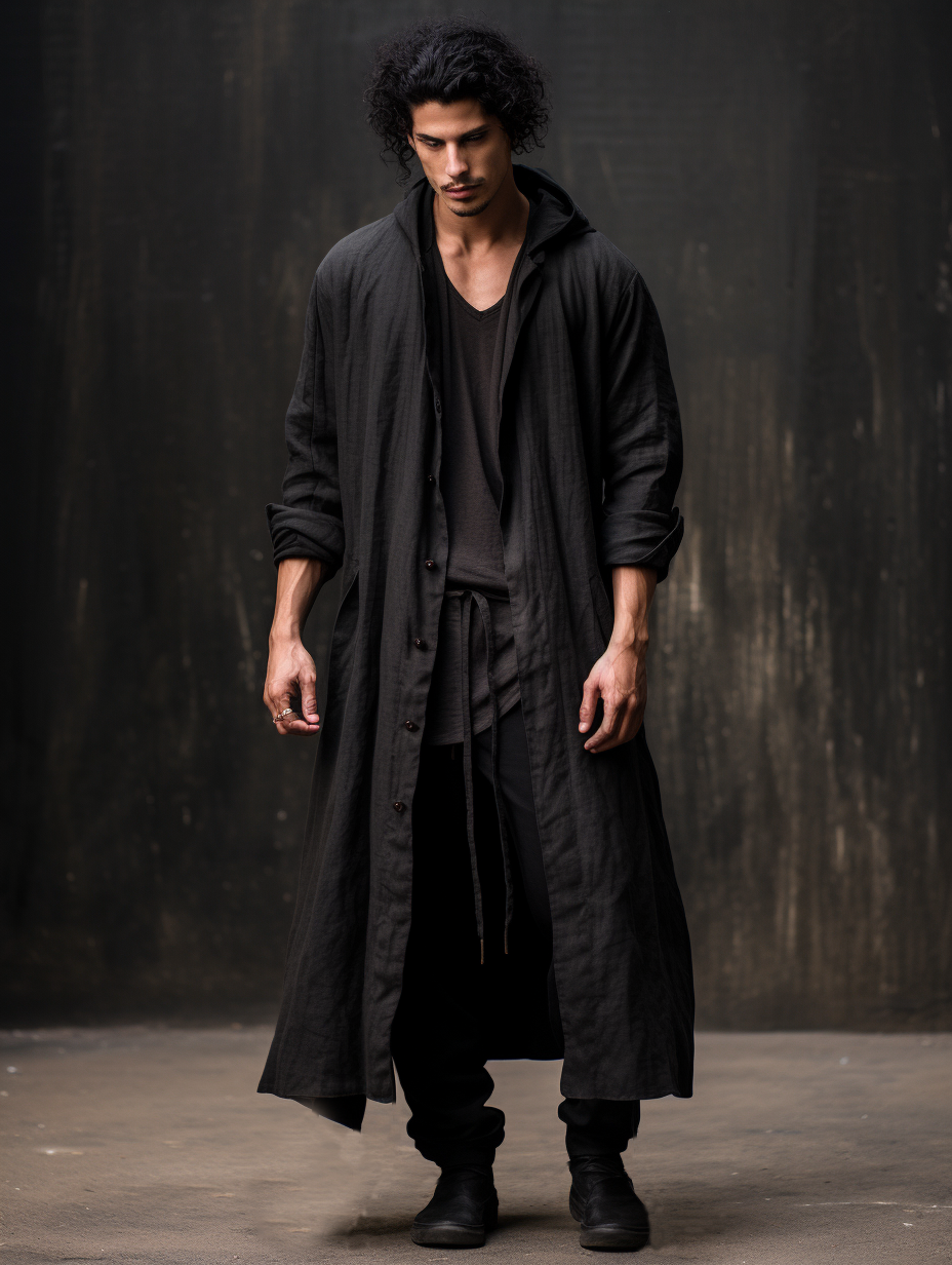 Black Linen Kimono Hood Causal Coat