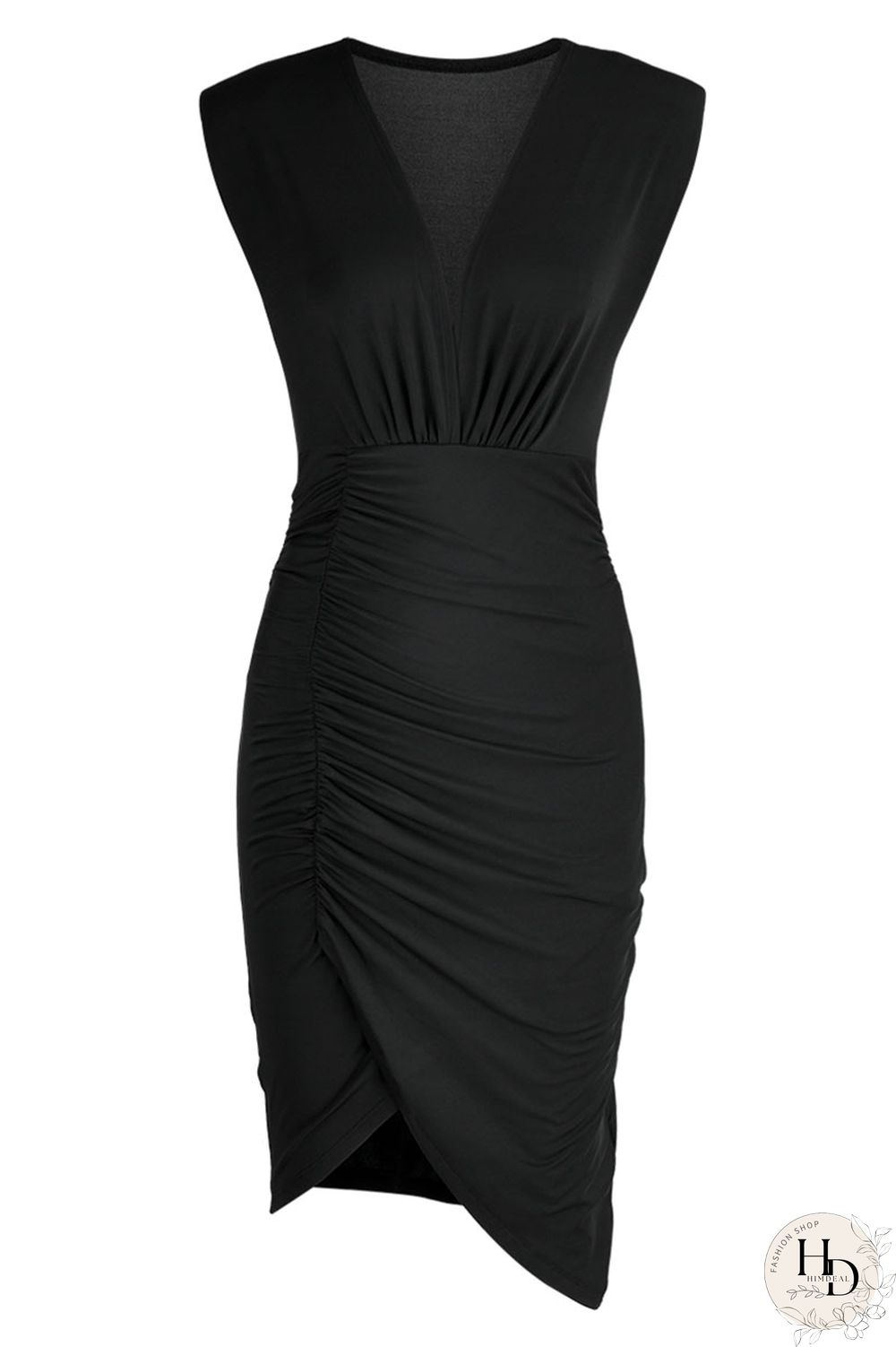 Black Sexy Solid Patchwork Fold Asymmetrical V Neck One Step Skirt Dresses