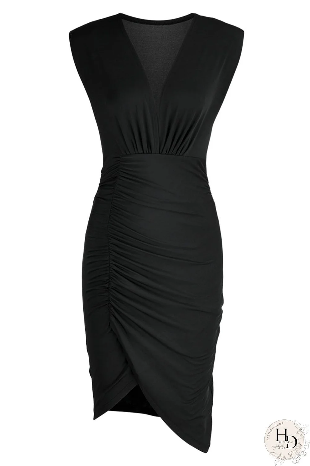 Black Sexy Solid Patchwork Fold Asymmetrical V Neck One Step Skirt Dresses