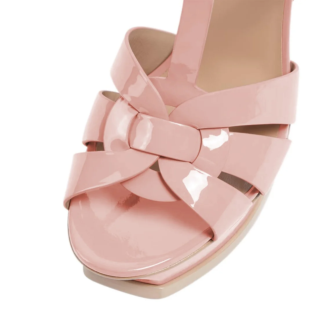 Patent Leather Open Toe T-Strap Platform Heel Sandals in Pink
